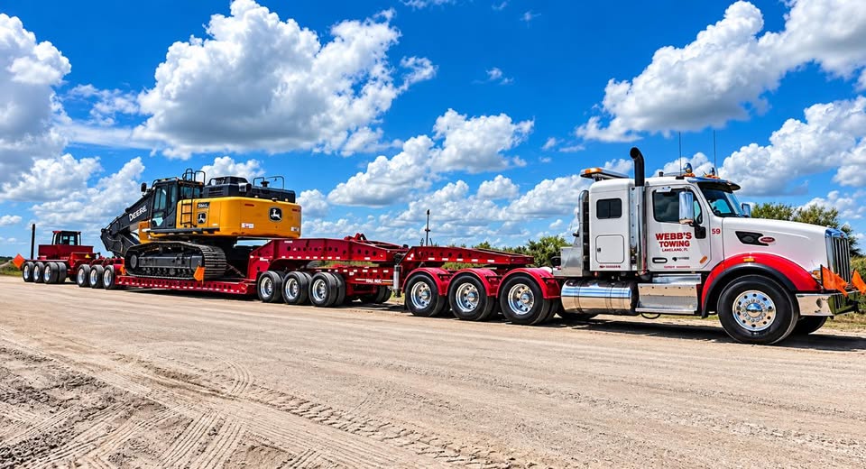 Webb's tractor and lowboy trailer transporting a crawler excavator